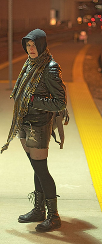 me modelling Duped shawl pattern/cosplaying Sarah Manning in the opening scene of Orphan Black series at the Go station it was shot in